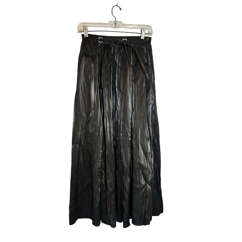 Ulla Johnson Metallic Black Pleated Maxi Skirt Gold Grommet Tie Waist Size 0